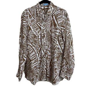 J. McLaughlin Button Up Linen Long Sleeve Shirt Brown White Tribal Print Size S